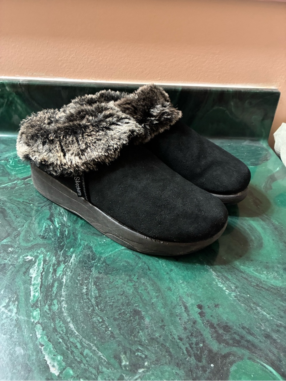 Skechers tone ups Black Slip-On Faux-Fur Clog Mules
